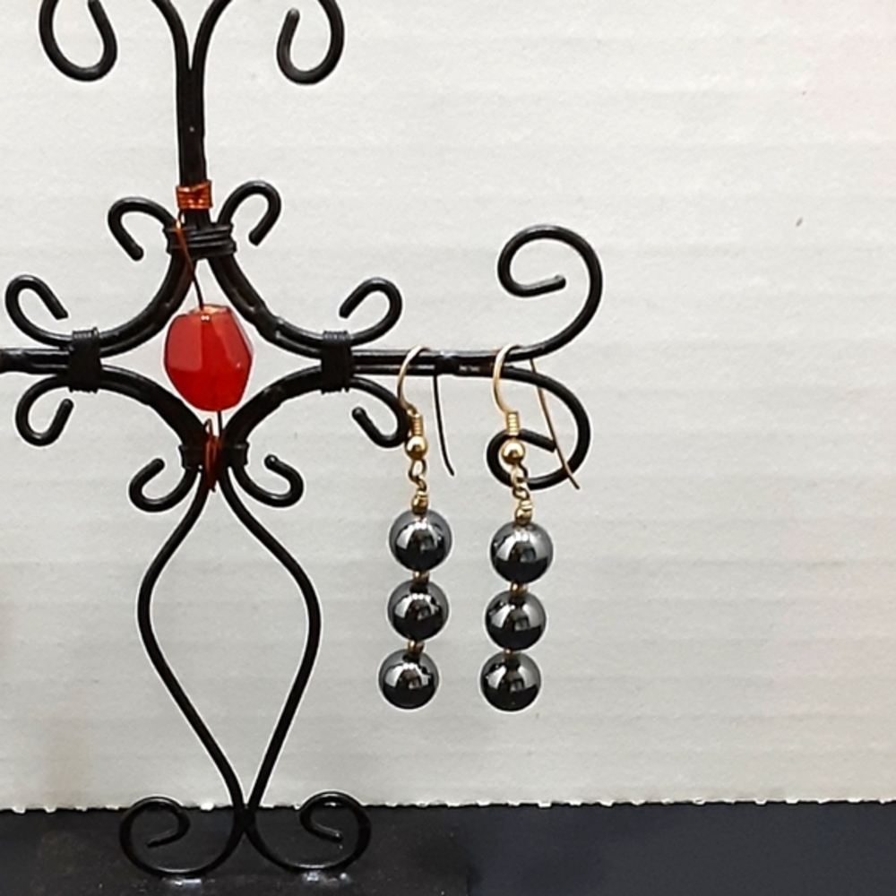 Hematite Beaded Earrings Round Black Beads Boho Whimsygoth Bohemian 1 1/4" Drop